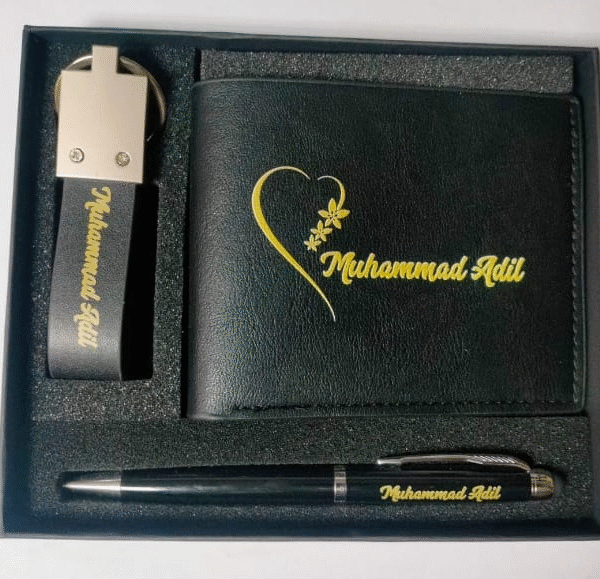 Giftset Wallet Metal Pen and Keychain Engraving and Printing
