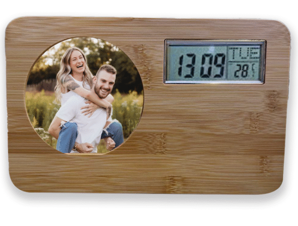 Desktop Wooden Photo Frame with Digital Clock and Printing