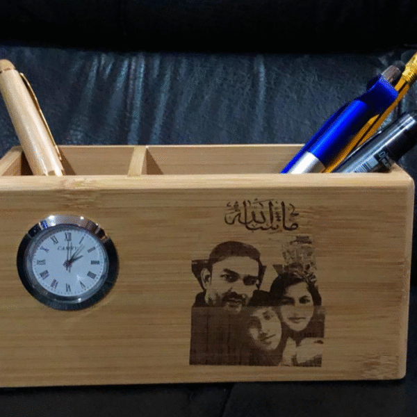 Wooden Table Top Organizer with Clock and Engraving