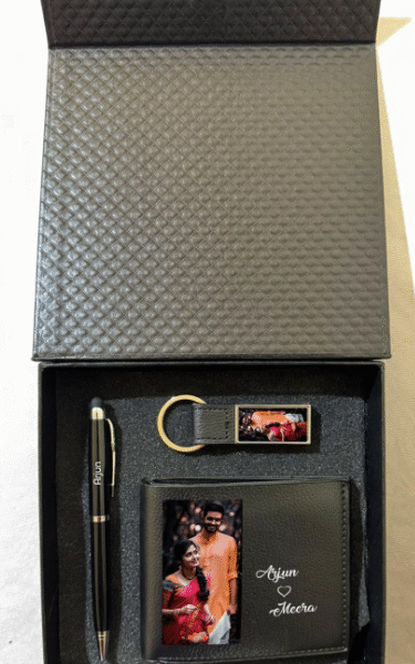 Giftset -  Leather Wallet - Metal Pen - Stainless Steel Keychain with Printing