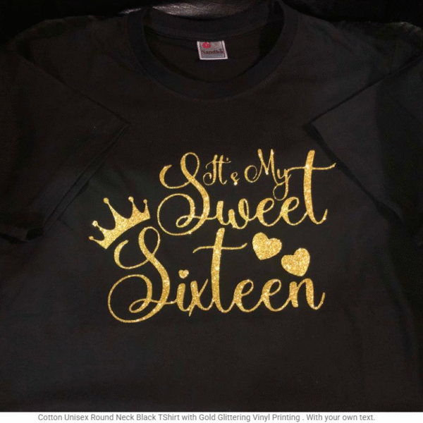 Cotton Unisex Round Neck TShirt with Gold Glittering Vinyl Printing